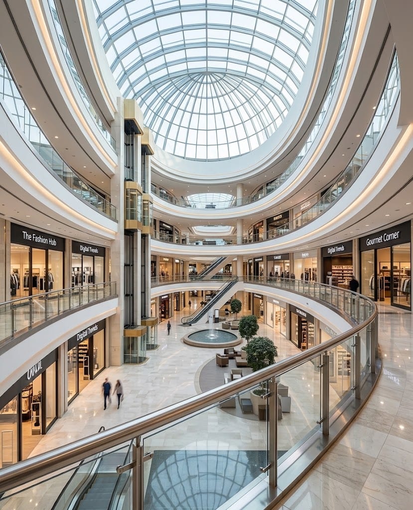 Interior de un centro comercial bajo una cúpula acristalada