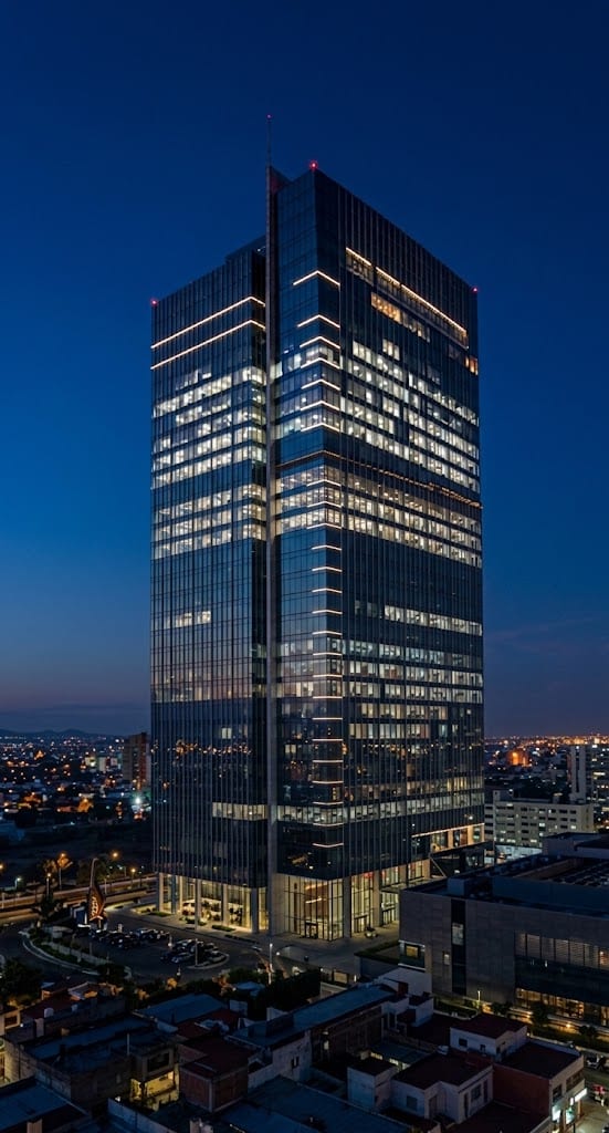 Torre corporativa iluminada al anochecer