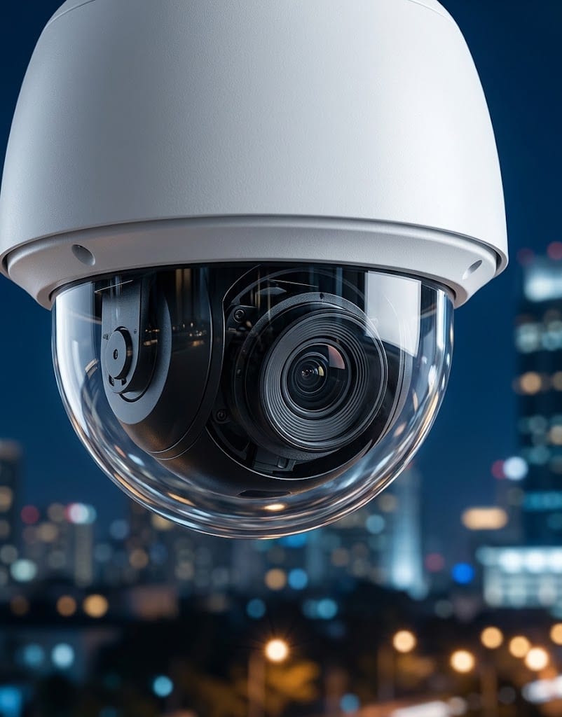 Cámara domo de videovigilancia sobre una ciudad de noche