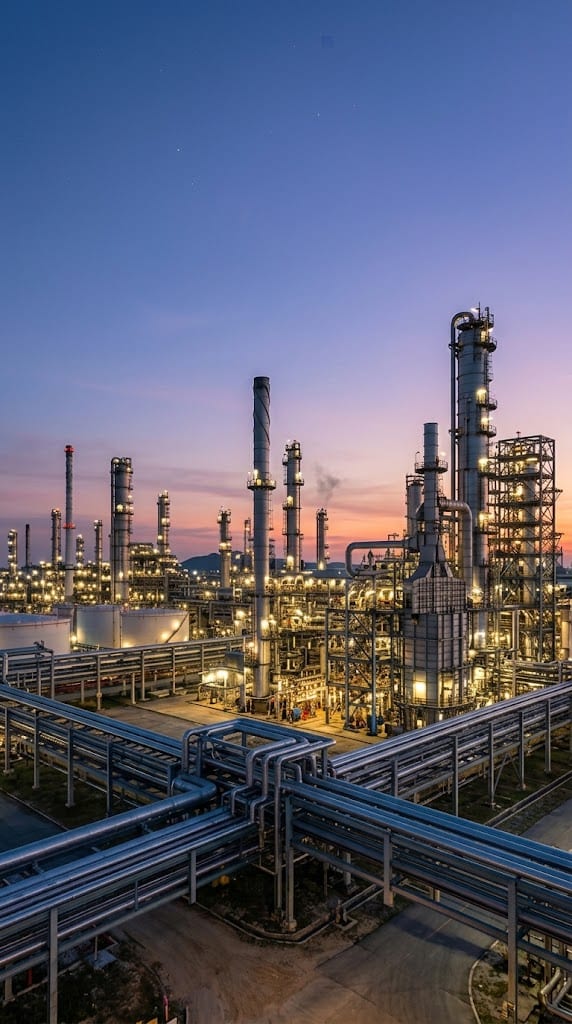 Planta industrial en operación al atardecer